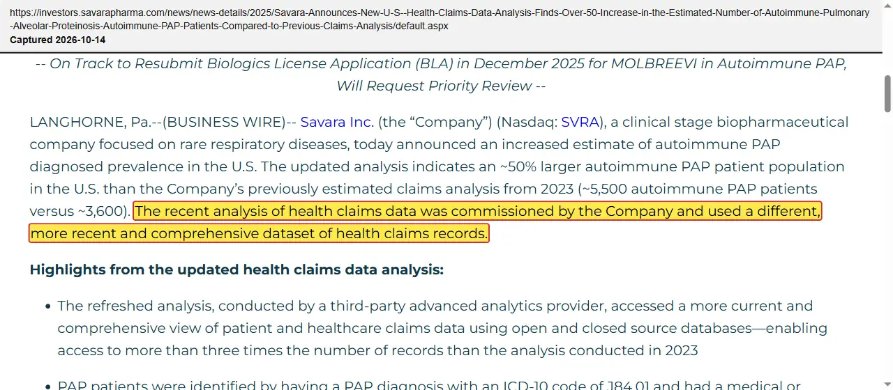 Savara Inc. (2025) press release, September 2, 2025, quoted passage highlighted