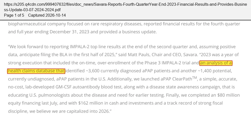 Savara Inc. (2024) press release, March 7, 2024, quoted passage highlighted