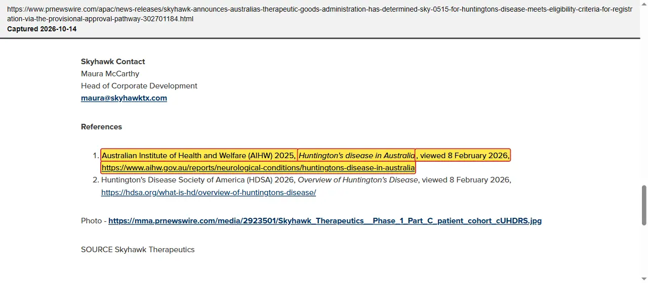 Skyhawk Therapeutics (2026) press release, March 3, 2026, quoted passage highlighted