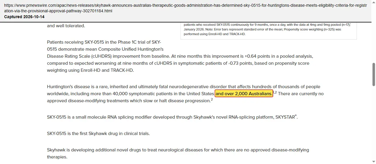 Skyhawk Therapeutics (2026) press release, March 3, 2026, quoted passage highlighted