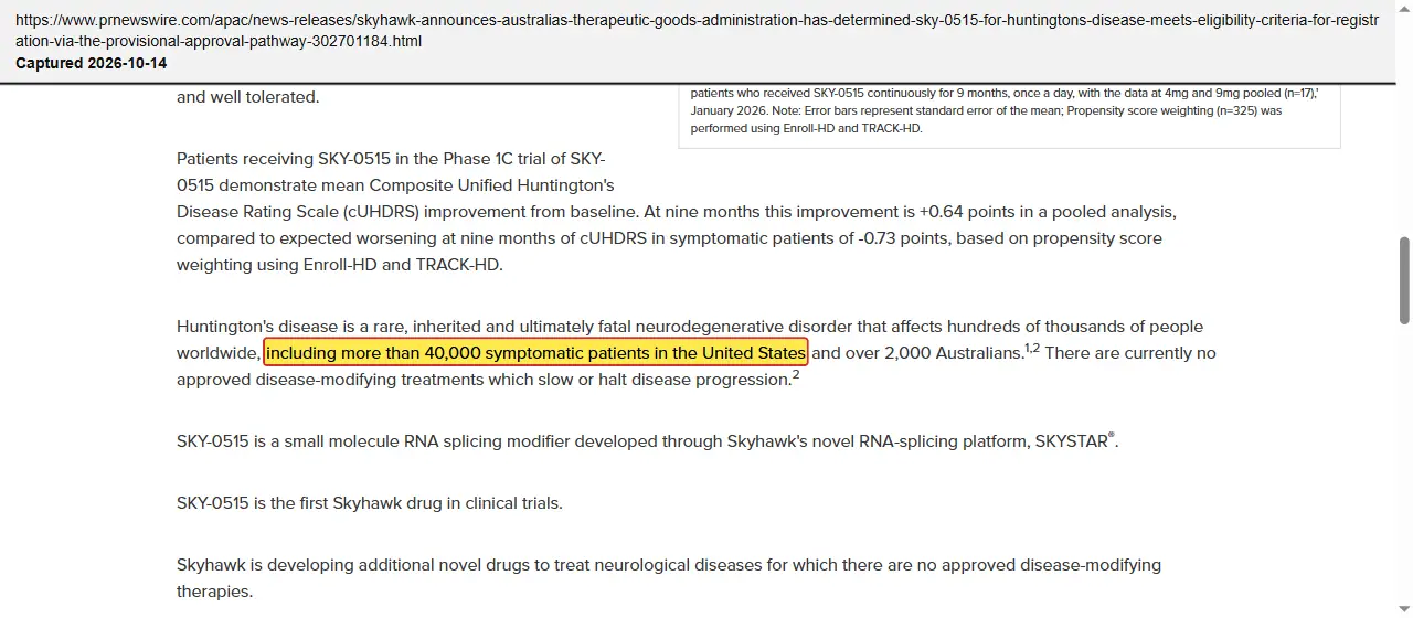 Skyhawk Therapeutics (2026) press release, March 3, 2026, quoted passage highlighted