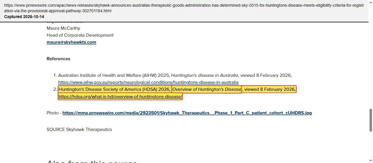 Skyhawk Therapeutics (2026) press release, March 3, 2026, quoted passage highlighted