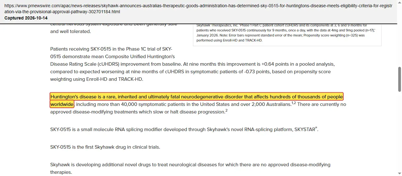 Skyhawk Therapeutics (2026) press release, March 3, 2026, quoted passage highlighted