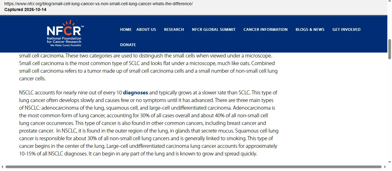 National Foundation for Cancer Research (2020) Small Cell Lung Cancer vs. Non-small Cell Lung Cancer, quoted passage highlighted