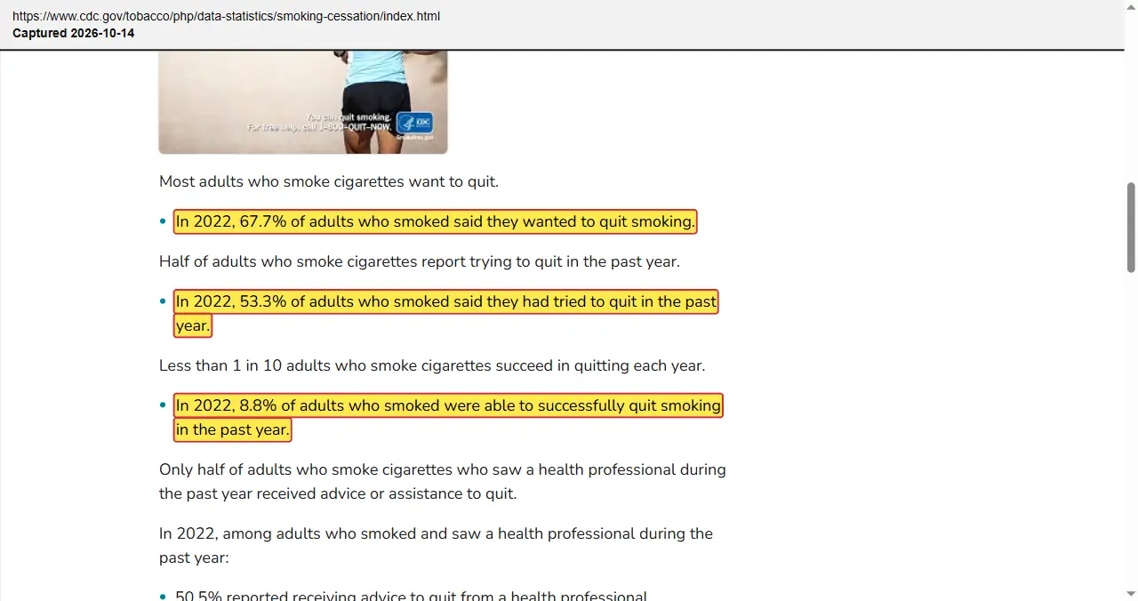 Centers for Disease Control and Prevention (2026) Smoking Cessation: Fast Facts, quoted passage highlighted