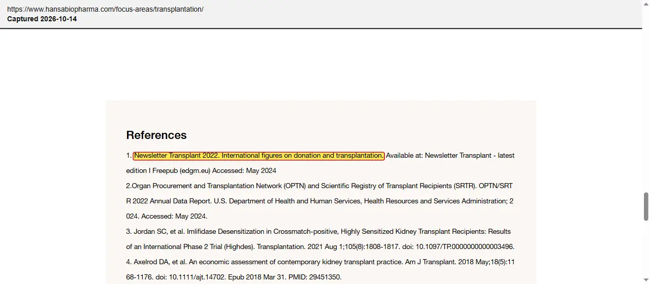 Hansa Biopharma (2026) transplantation focus area page, quoted passage highlighted