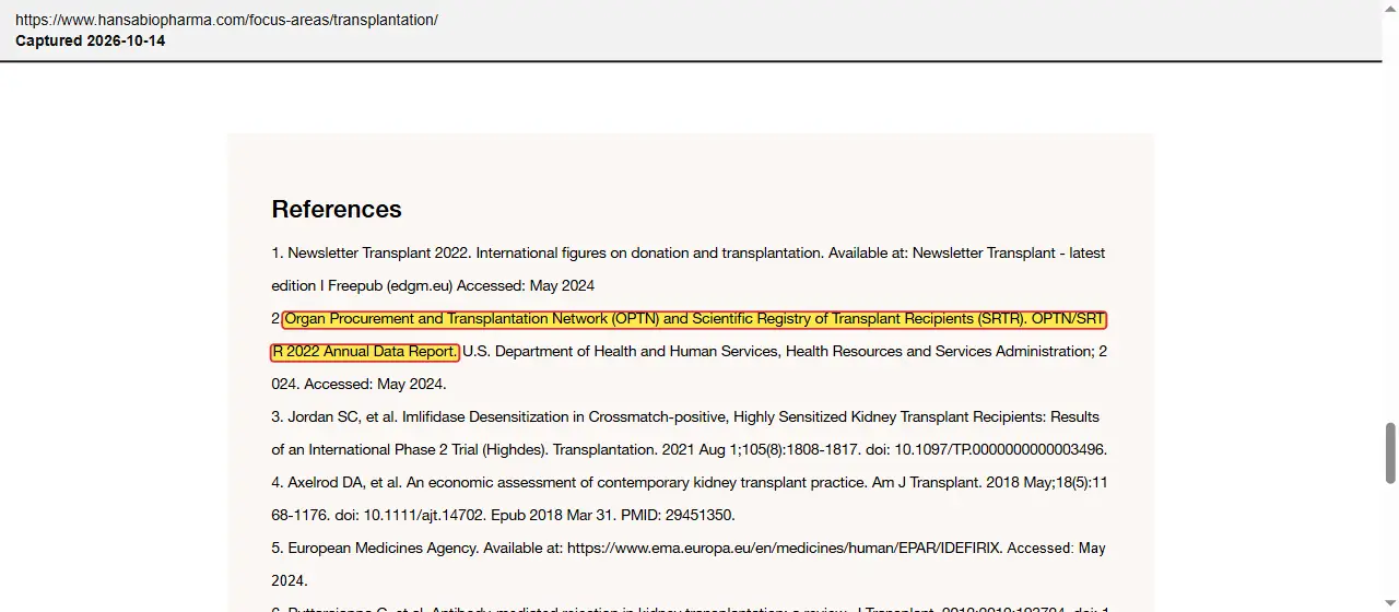Hansa Biopharma (2026) transplantation focus area page, quoted passage highlighted