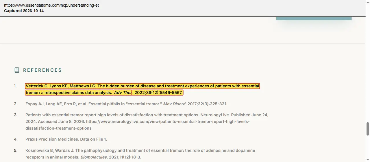 Praxis Precision Medicines (2026) Essential to Me website for healthcare professionals, Understanding ET page, quoted passage highlighted