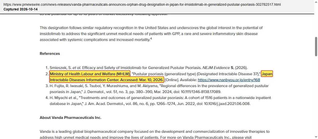 Vanda Pharmaceuticals (2026) press release, May 27, 2026, quoted passage highlighted