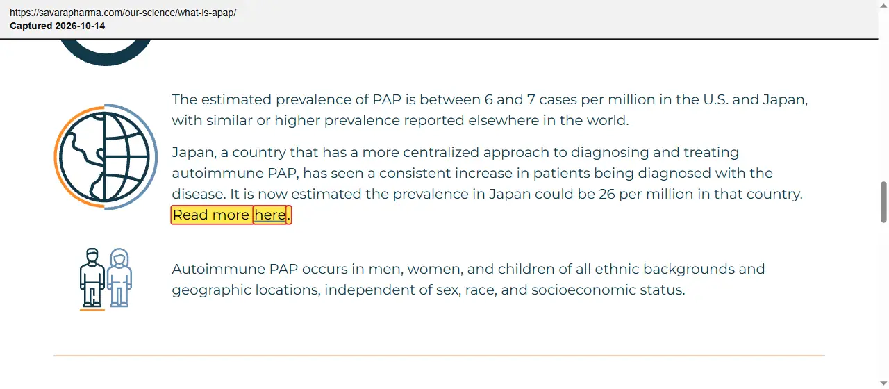 Savara Inc. (2026) website, autoimmune PAP page, quoted passage highlighted