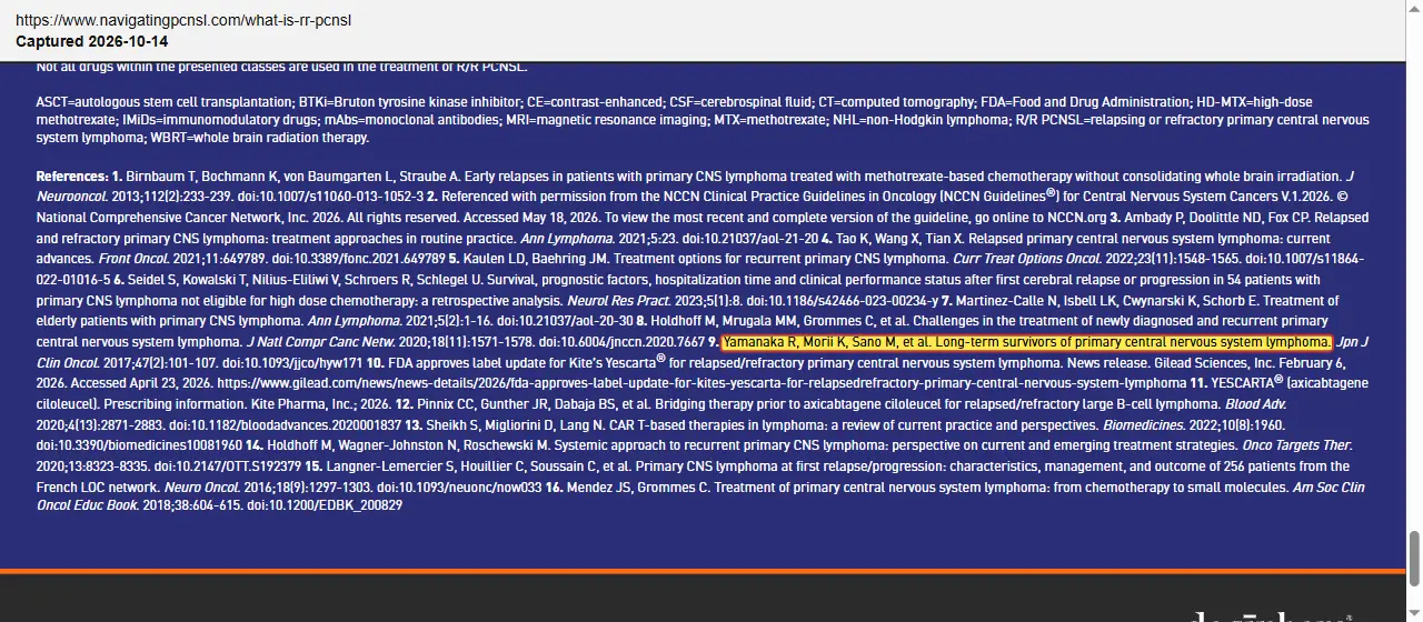Deciphera Pharmaceuticals (2026) Navigating PCNSL website, What is R/R PCNSL page, quoted passage highlighted