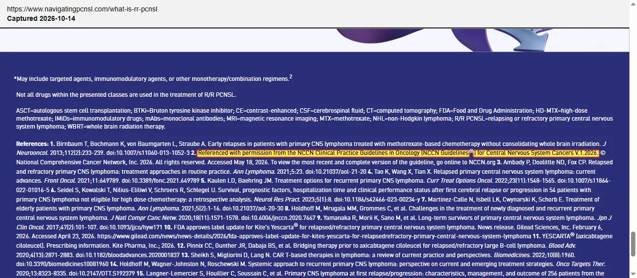 Deciphera Pharmaceuticals (2026) Navigating PCNSL website, What is R/R PCNSL page, quoted passage highlighted